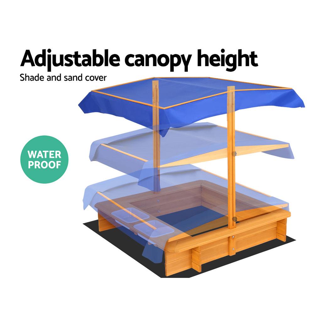 Keezi Outdoor Canopy Sand Pit with adjustable canopy, dual water basins, and treated fir wood construction, perfect for kids' outdoor play.